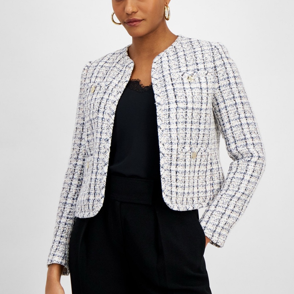 Bar III Women’s Tweed Cropped Collarless Jacket – Size S